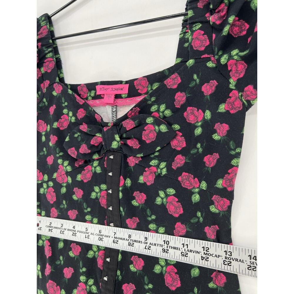 Betsy Johnson Rose Print Bodycon Dress Small Black Pink Floral Puff Sleeve Midi - Picture 10 of 13
